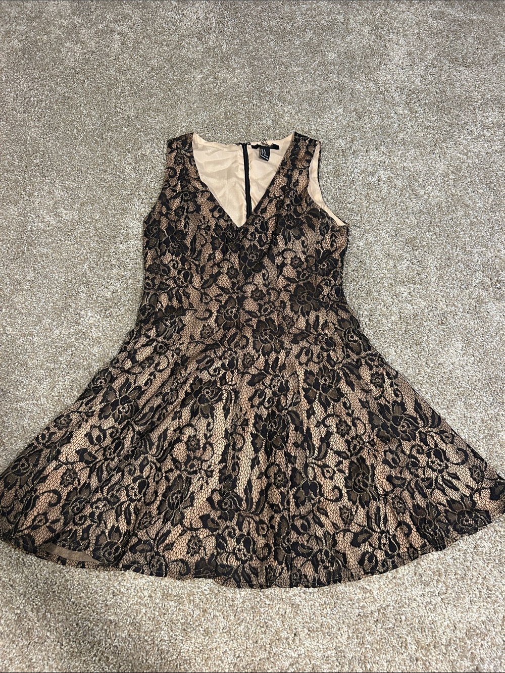 Sleeveless Black Lace Overlay Fit & Flare Dress - Beige Lining